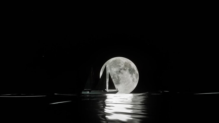 Barco a vela sob a lua cheia