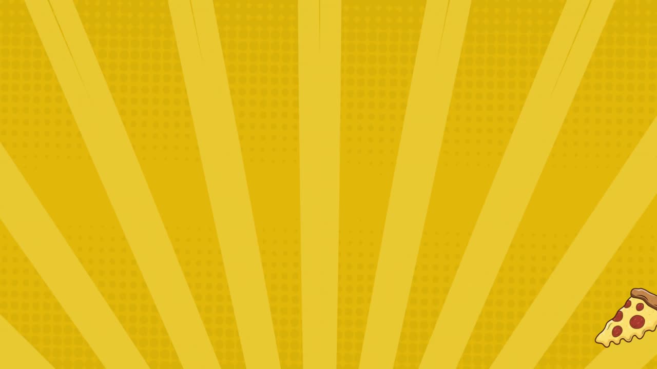 animación de iconos de pizza sobre rayas sobre fondo amarillo