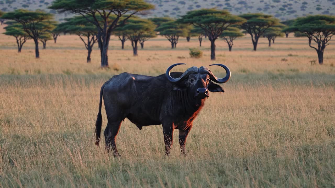 A majestic buffalo stands in a sunlit savannah, captured at eye level