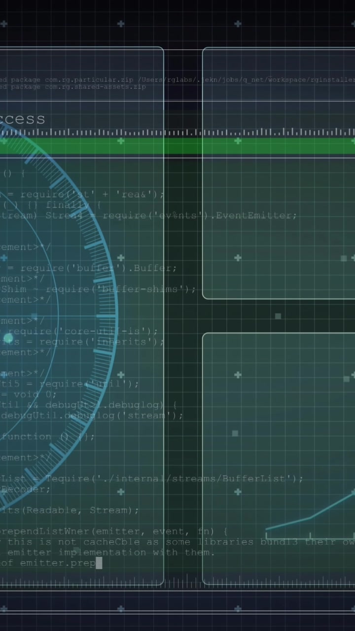 Animation of hud interface screens with graph, radar, globe and programming languages