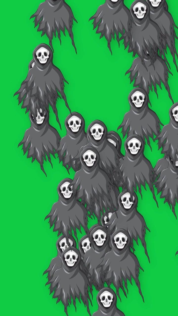 Figuras de fantasmas estilizadas com capuz e rostos de caveira flutuam sobre um fundo de tela verde brilhante