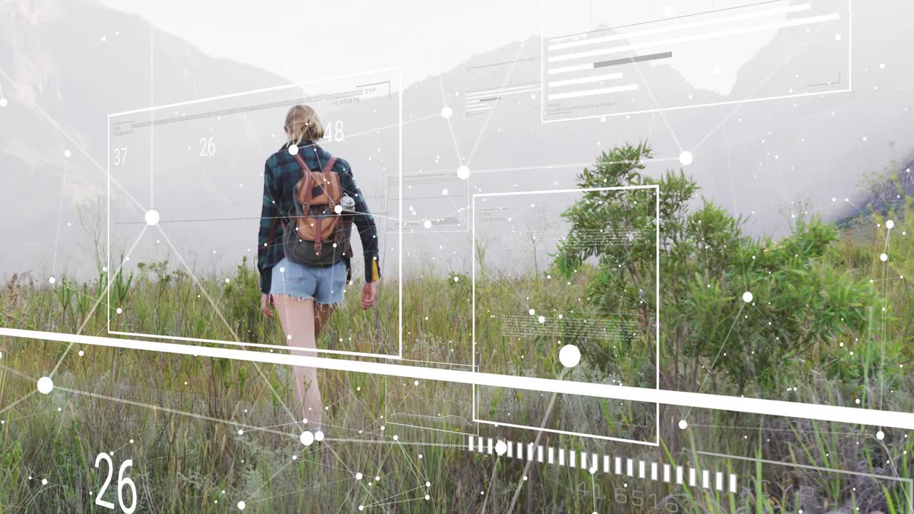 Female hiker stepping into misty meadow and activating data visualization panels analyzing movement
