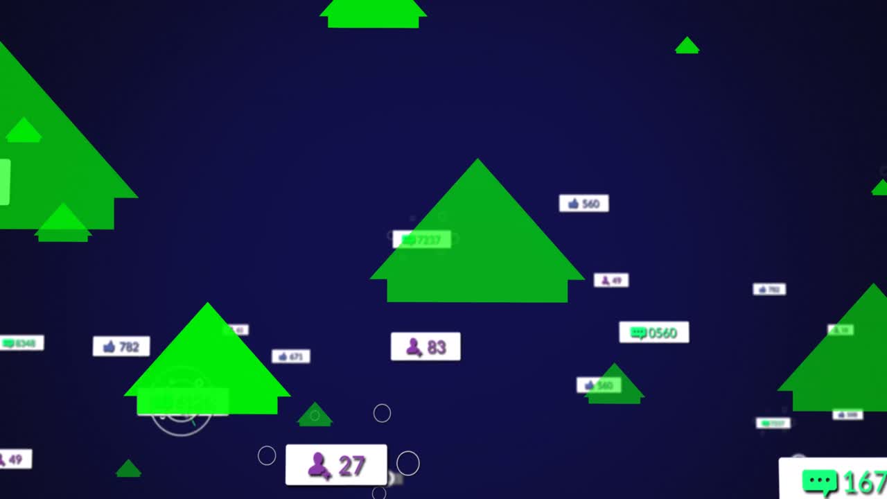 녹색 화살표의 애니메이션과 소셜 미디어 아이콘과 숫자와의 연결 네트워크