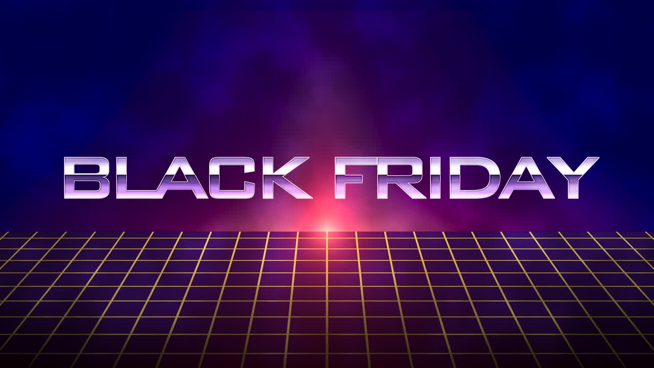 검은 은하계에서 네온 그리드와 함께 검은 금요일 레트로 텍스트