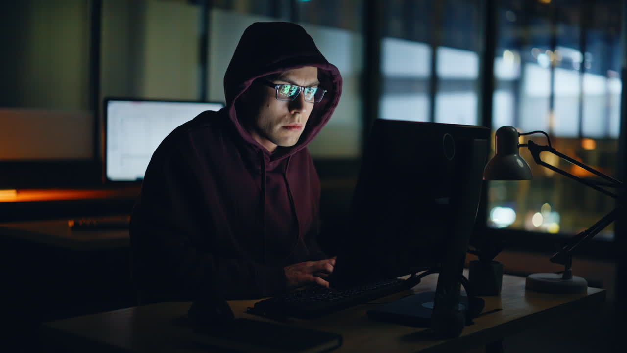 Night hacker cracking databases at evening closeup. Scammer commits fraud AI