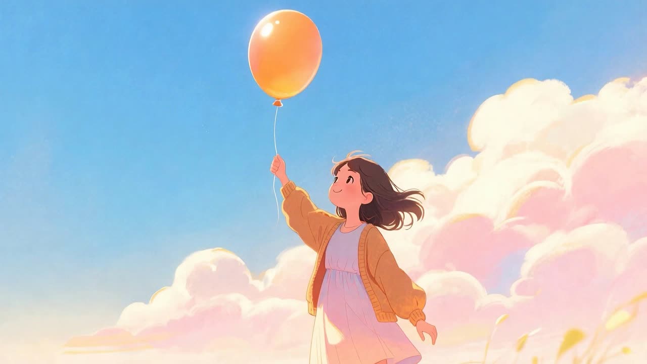 A girl releasing a balloon that rises into the sky