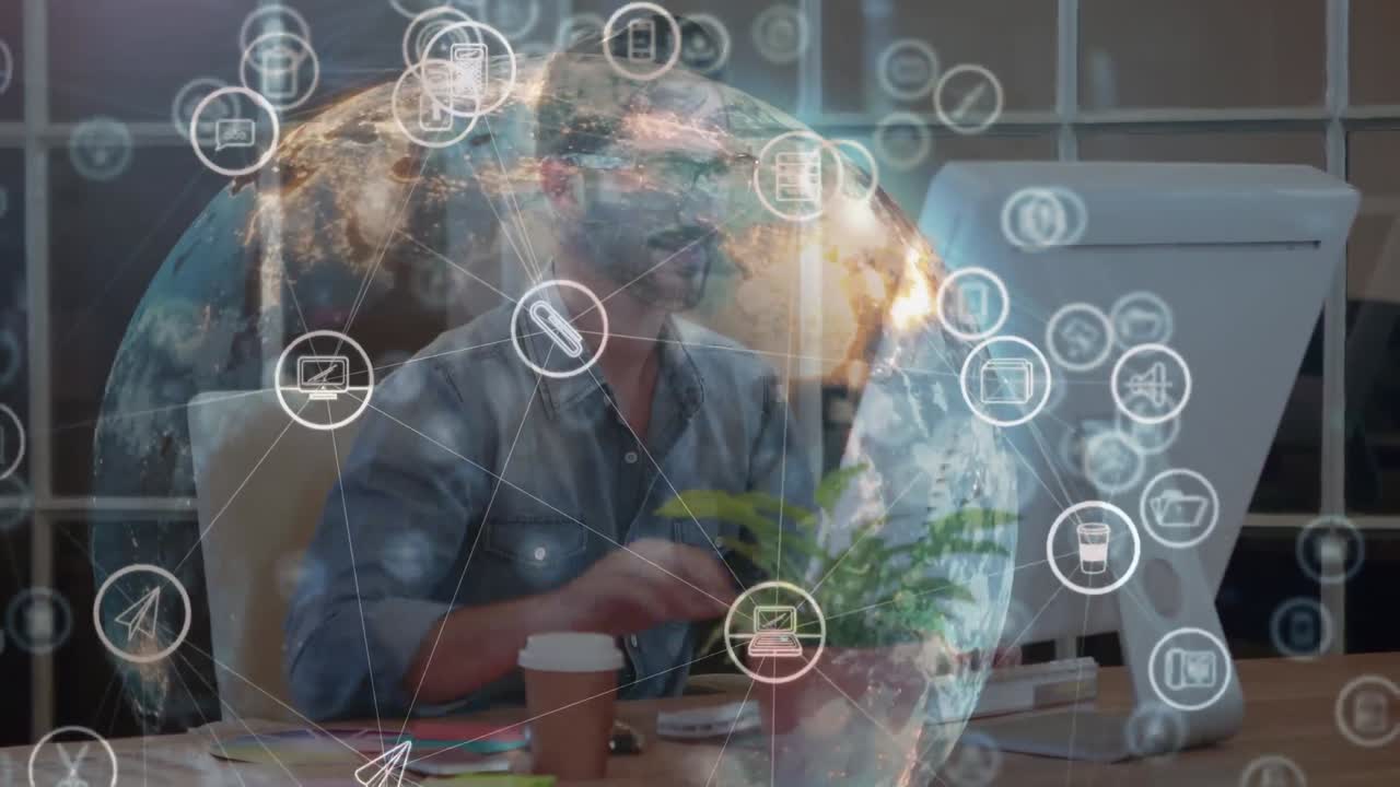 디지털 아이콘의 네트워크와 컴퓨터를 사용하는 백인 남자의 초상화 위에 회전하는 지구
