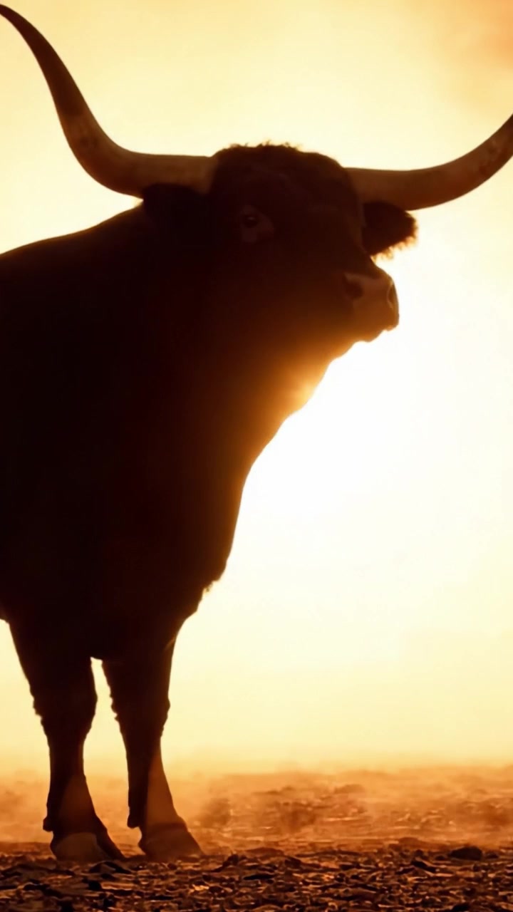 Maestosa silhouette di un toro contro un'alba dorata, che cattura lo spirito delle potenti creature della natura in una scena mozzafiato in controluce