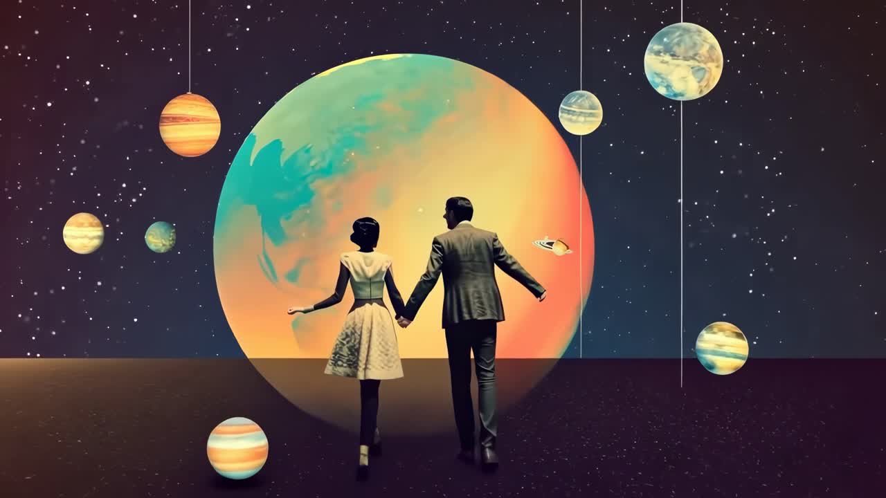 Surreal video scene of a couple holding hands, walking towards a giant Earth with planets
