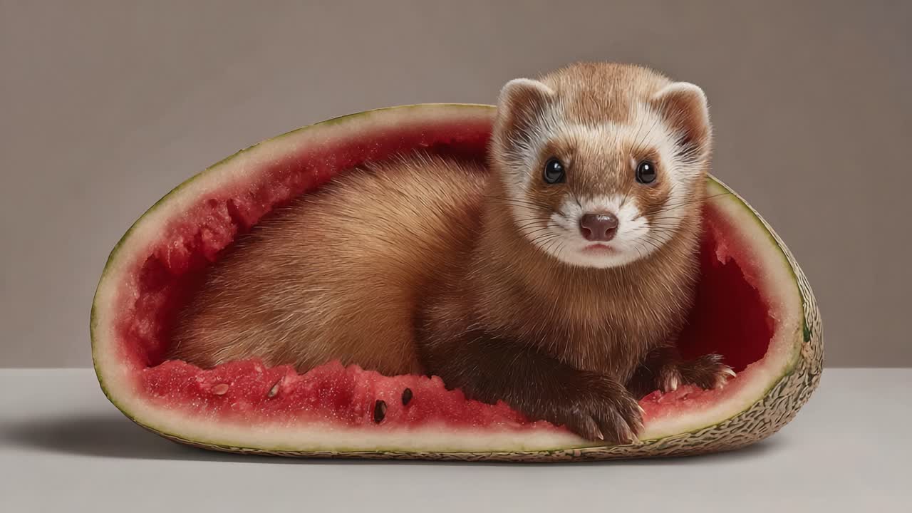 A Charming Ferret Nestled Comfortably Inside a Watermelon, Showcasing a Unique Blend of Nature and Curiosity in an Adorable Setting
