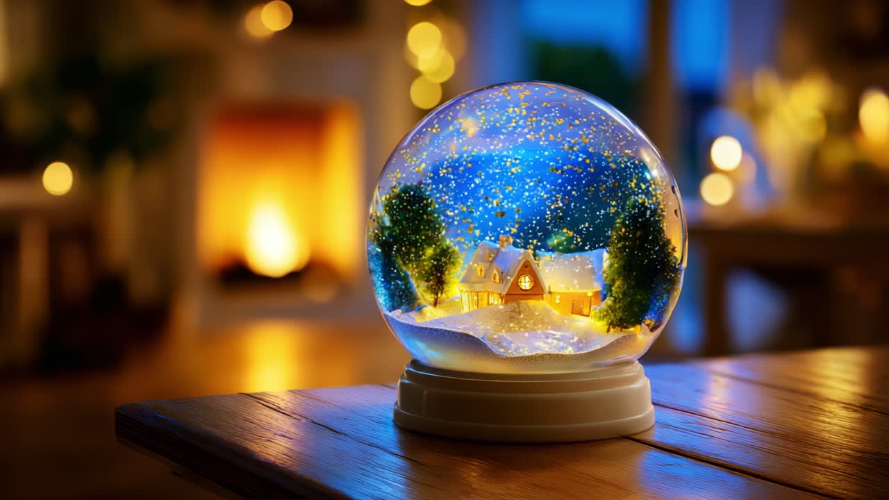 A Mesmerizing Transformation of a Snow Globe, Captivating the Essence of Winter and Holiday Cheer as it Transitions from a Sparkling Snowfall Scene to a Warm, Golden Glow of Cozy Charm