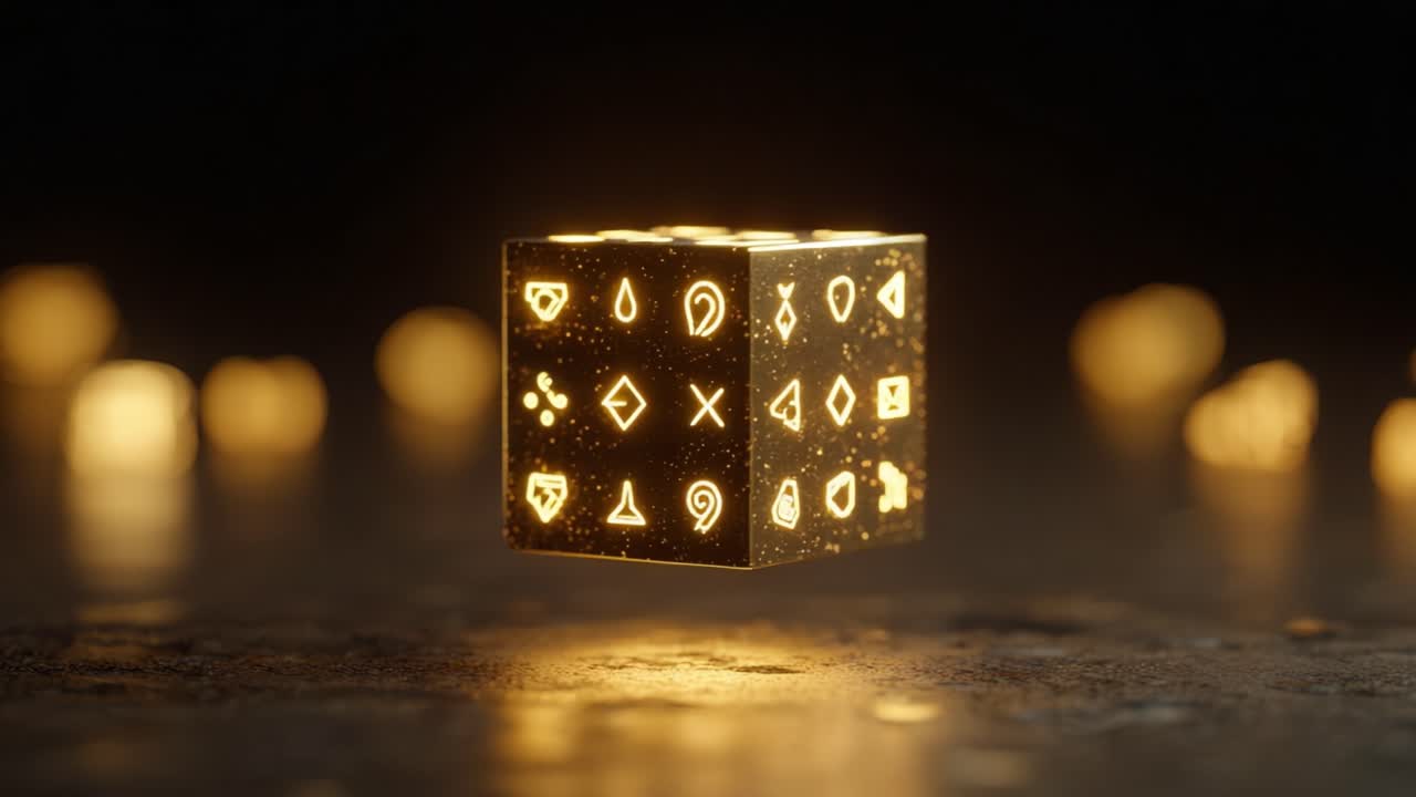 Mystical dark cube floating and spinning over a stone surface, featuring glowing golden runes and ancient symbols with magical bokeh lights in the background, representing mystery and arcane power