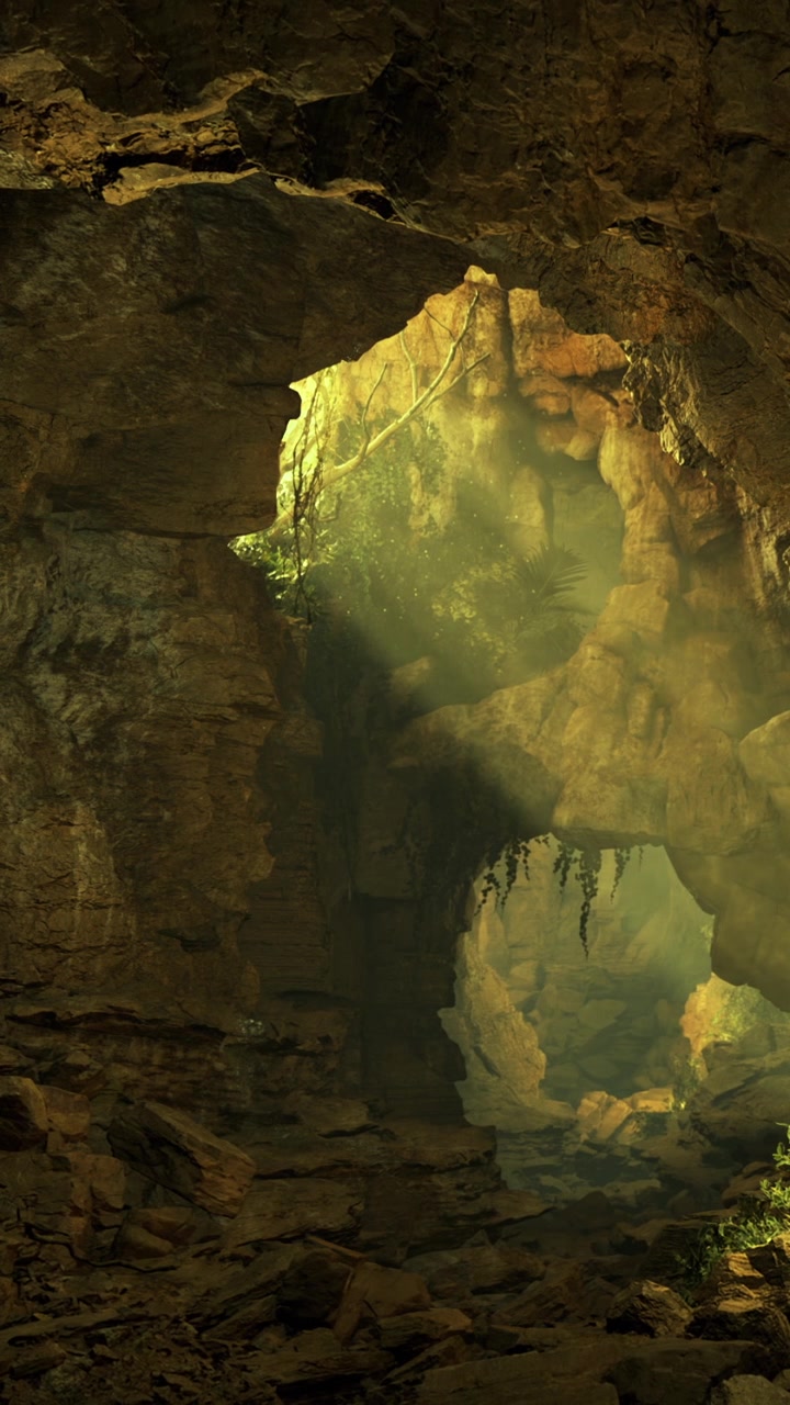 Luce che filtra attraverso le aperture di una grotta in un paesaggio roccioso al mattino.