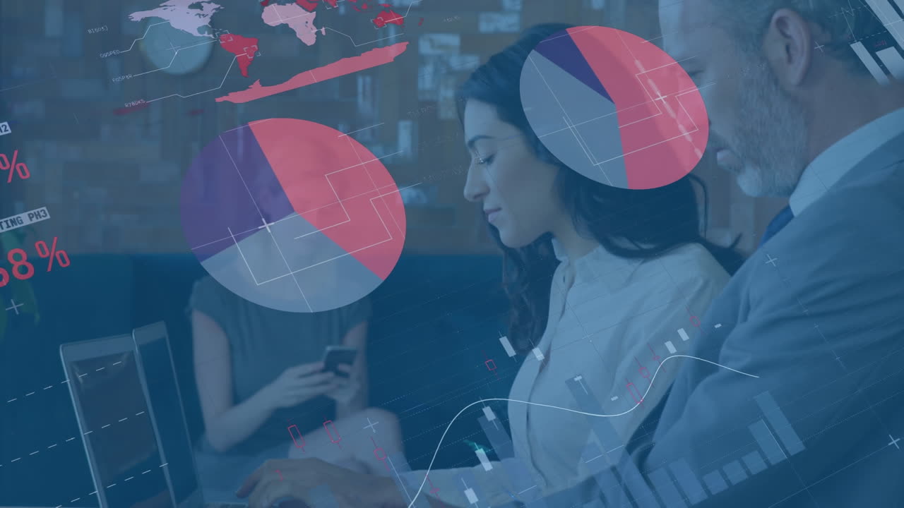 Animation of infographic interface over multiracial coworkers working over laptop at office