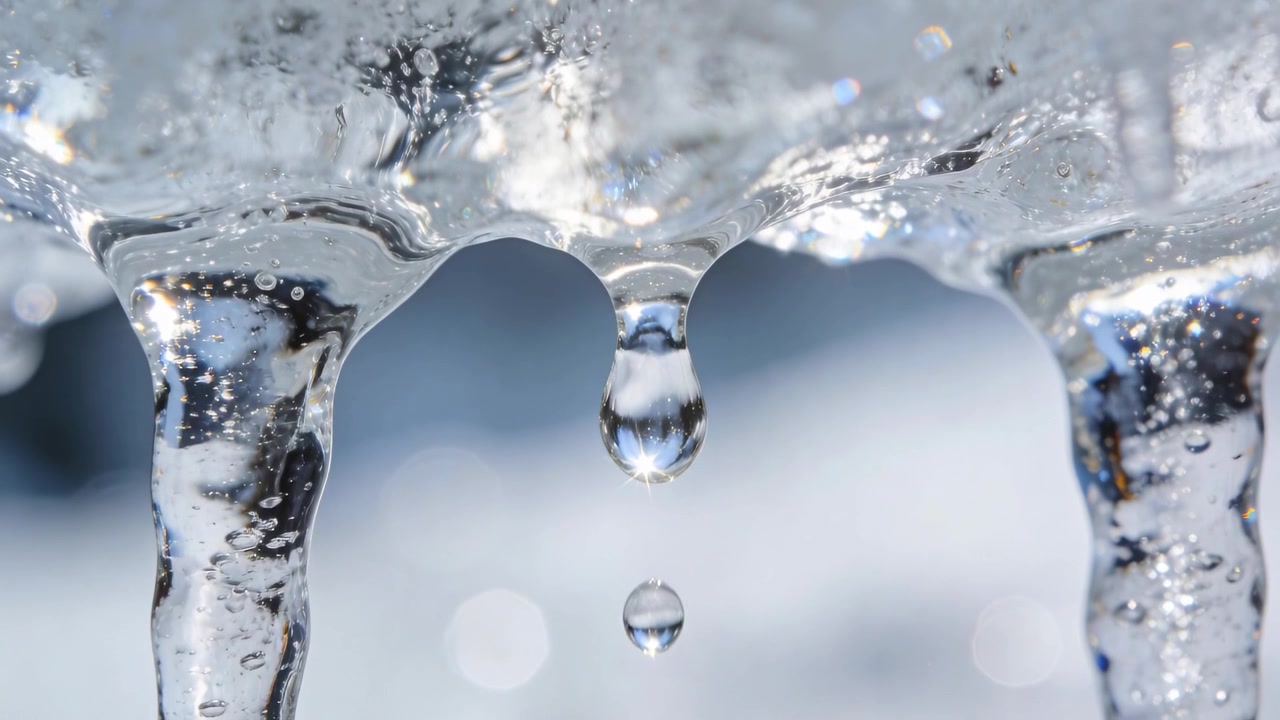 太陽の光で温められたつららが伸び、ちぎれて、氷の先端から小さな一滴を落としている。