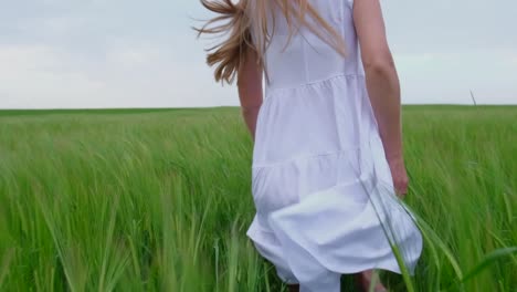 a young girl runs across a green wheat field in a white dress freedom health happiness concept happy girl in a white dress running on green wheat