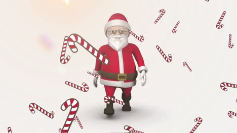 Multiple-candy-cane-icons-falling-over-santa-claus-icon-walking-against-orange-background