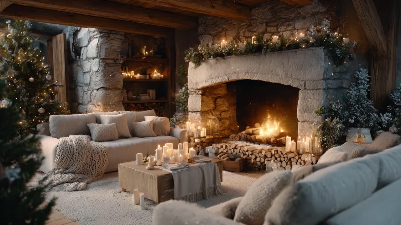 Cozy Winter Living Room with Warm Fireplace Surrounded by Soft Furnishings, Christmas Tree, and Candlelight Creating a Inviting Atmosphere for the Holiday Season