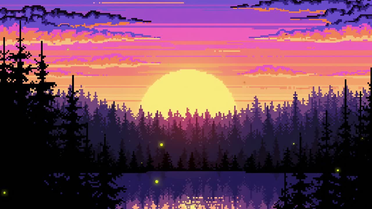 森の上のピクセルアートの夕焼け、湖面に映る景色、広角ビュー、ビデオゲームスタイル。