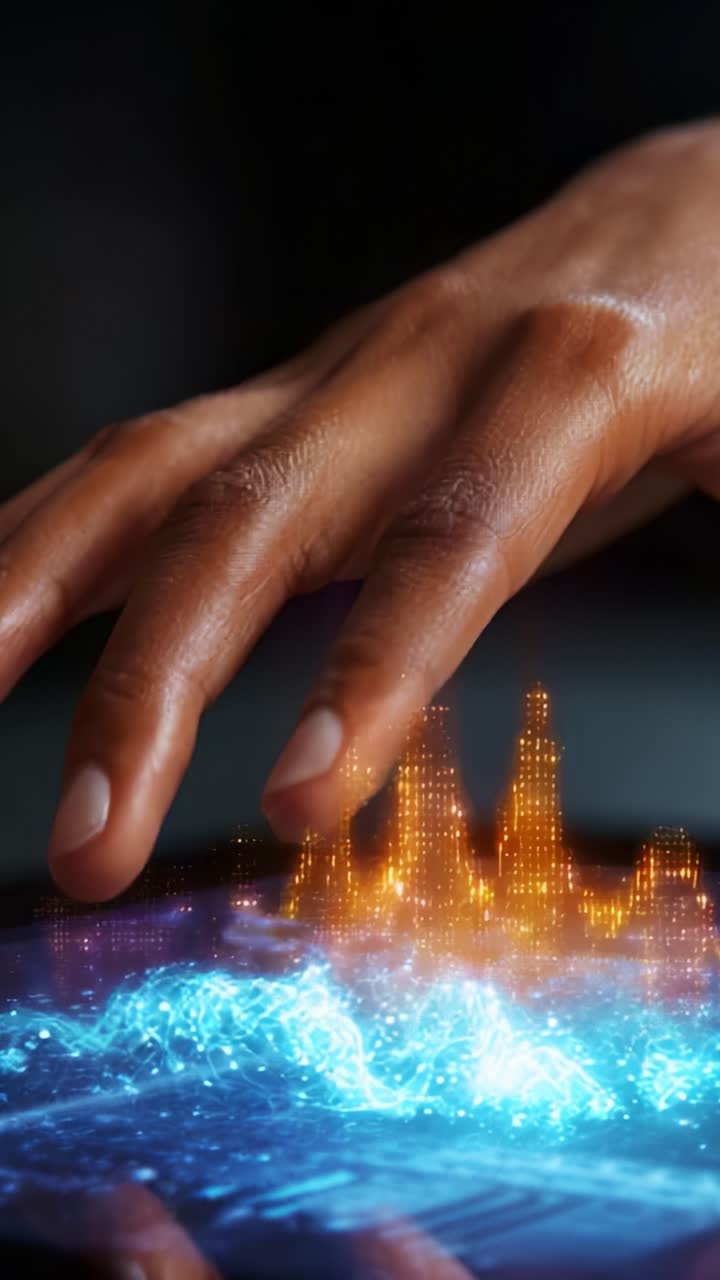 Primo piano di una mano con un display touchscreen futuristico che mostra un vivace paesaggio urbano in 3D con effetti digitali colorati