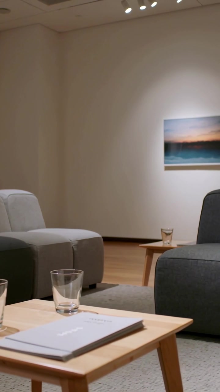 Video verticale: Telecamera che panoramica mostrando un divano modulare e un tavolo in un salotto con bicchieri e un opuscolo.