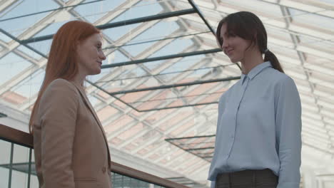 pair of young businesswomen shaking hands