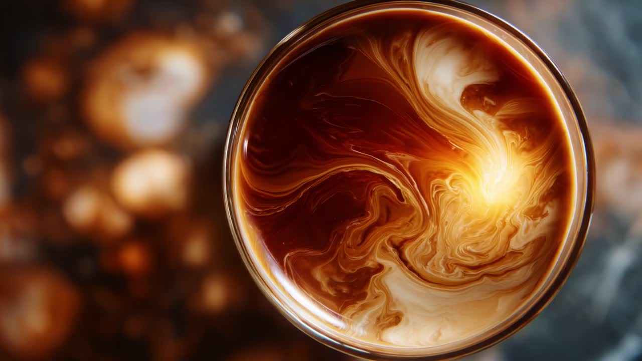Volute ipnotiche di panna nel caffè creano una delizia visiva straordinaria, catturando la bellezza del movimento del liquido in un bicchiere vivace. Un mix perfetto di colori