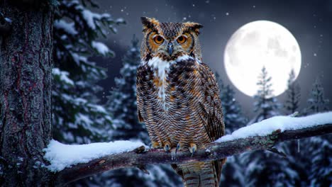 majestic owl perched on a snowy branch under a full moon, surrounded by enchanting winter forest landscape, capturing the essence of nature's serenity and beauty
