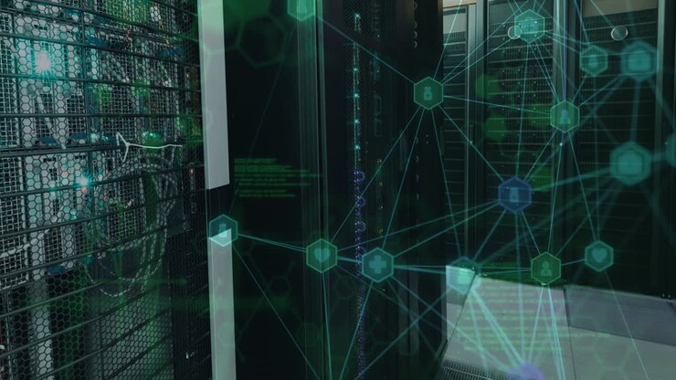 Animation of network of connections and data processing over computer servers
