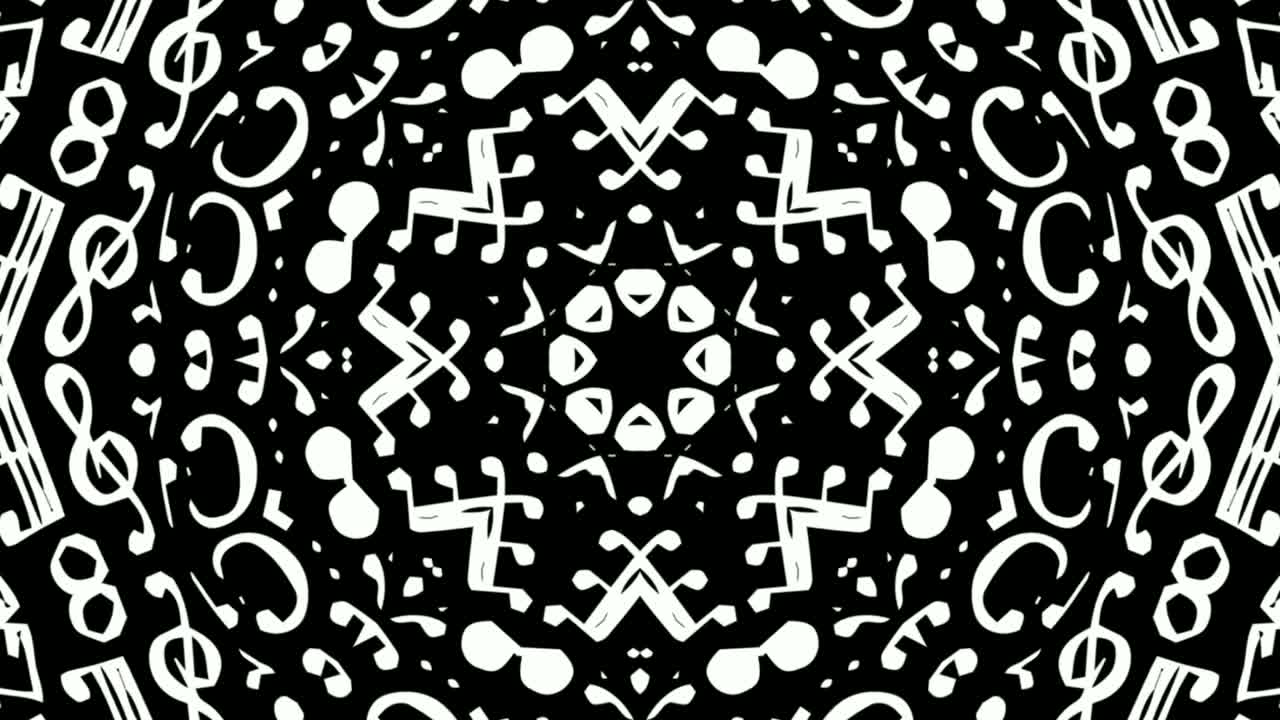 caleidoscopio de símbolos musicales blancos y notas moviéndose en fondo negro