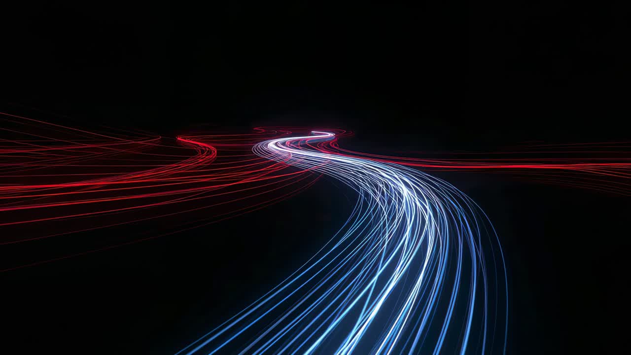 Moving lights entering frame creating curving blue-white ribbon in dark expanse, with red trails