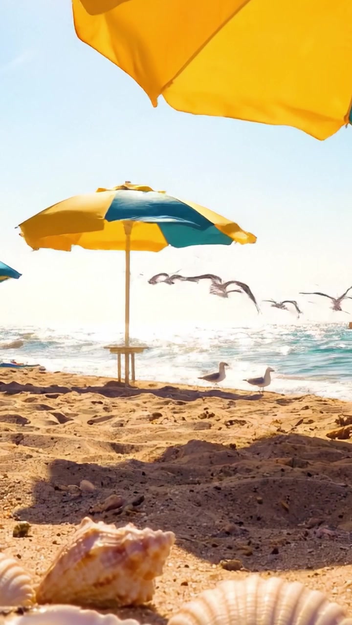 Una giornata di sole in spiaggia con ombrelloni colorati, onde leggere e conchiglie tranquille sulla riva, perfetta per il relax e il divertimento.