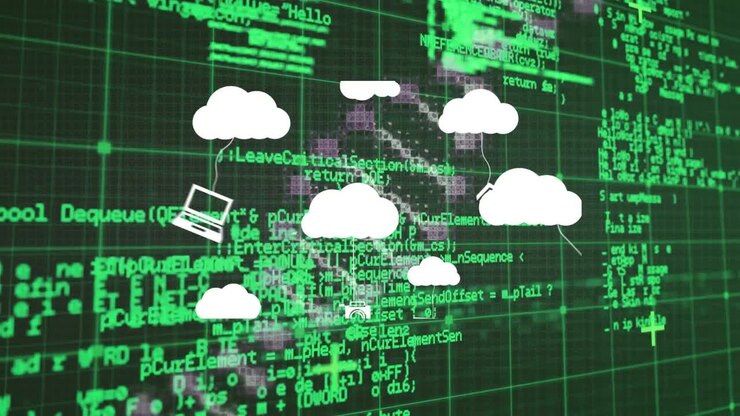 Animation of clouds with icons over dna strand and data processing