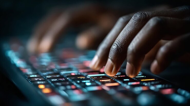 Close-up of a person's hands skillfully typing on a colorful backlit keyboard, showcasing the intricate design and vibrant colors that illuminate the keys in a focused environment