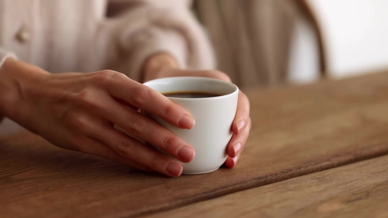 Mani caucasiche che tengono una tazza di caffè su un tavolo di legno rustico, scena mattutina rilassata e accogliente con un maglione neutro.