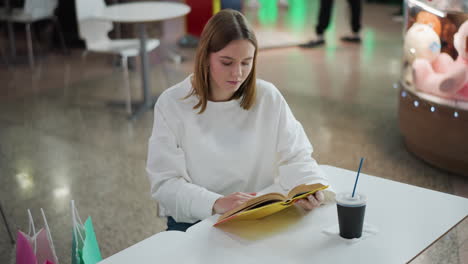 joven leyendo su libro mientras beba café en una mesa en el centro comercial, entorno casual con bolsas de compras cerca, personas caminando en el fondo