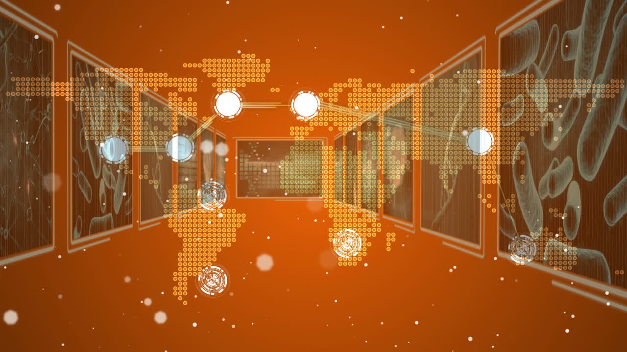 오렌지색 배경의 세계 지도 위의 원과 점의 애니메이션