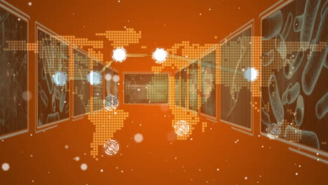 animación de círculos y puntos sobre el mapa del mundo sobre fondo naranja