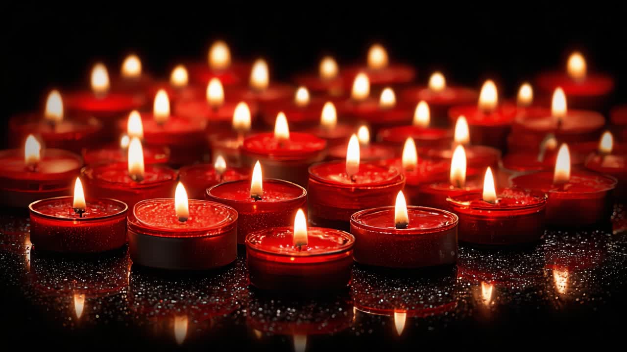 Một khung cảnh mê hoặc của những ngọn nến đỏ phát sáng chiếu rọi bề mặt tối, tạo bầu không khí yên bình và ấm áp hoàn hảo cho sự thư giãn và suy tư