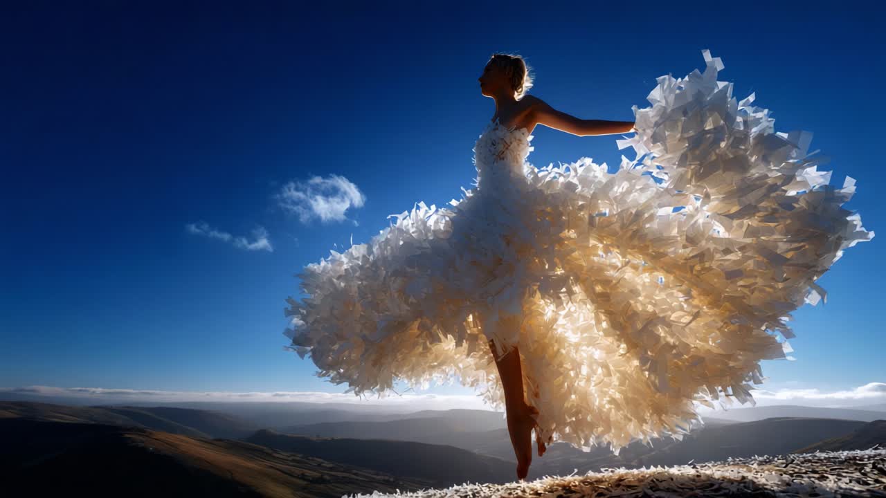 A Dazzling Wonder: A Graceful Figure Dances in a Whimsical Dress Made of Petals, Against the Backdrop of a Breathtaking Horizon Under a Bright Blue Sky