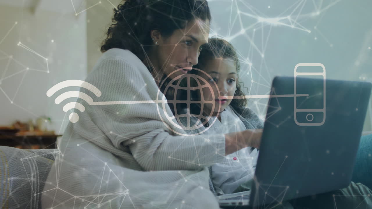 Using laptop with digital network overlay, mother and daughter in school setting