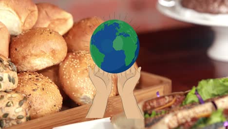 animation of planet earth and hands over fresh organic sandwiches and bread rolls