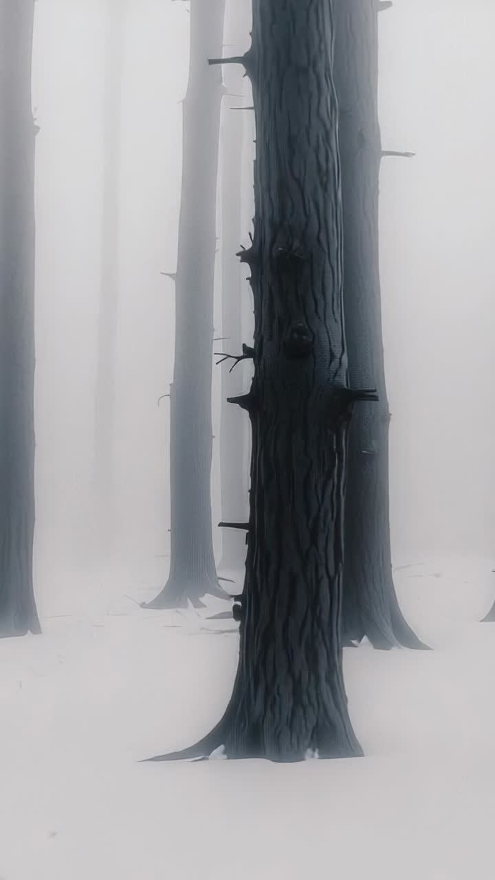 Video verticale: tronco di conifera verticale in una foresta nebbiosa innevata, camera in movimento che mostra i resti della corteccia