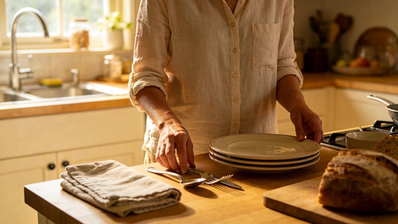 Placing senior in linen shirt holding plates sliding cutlery aligning napkin for meal in kitchen