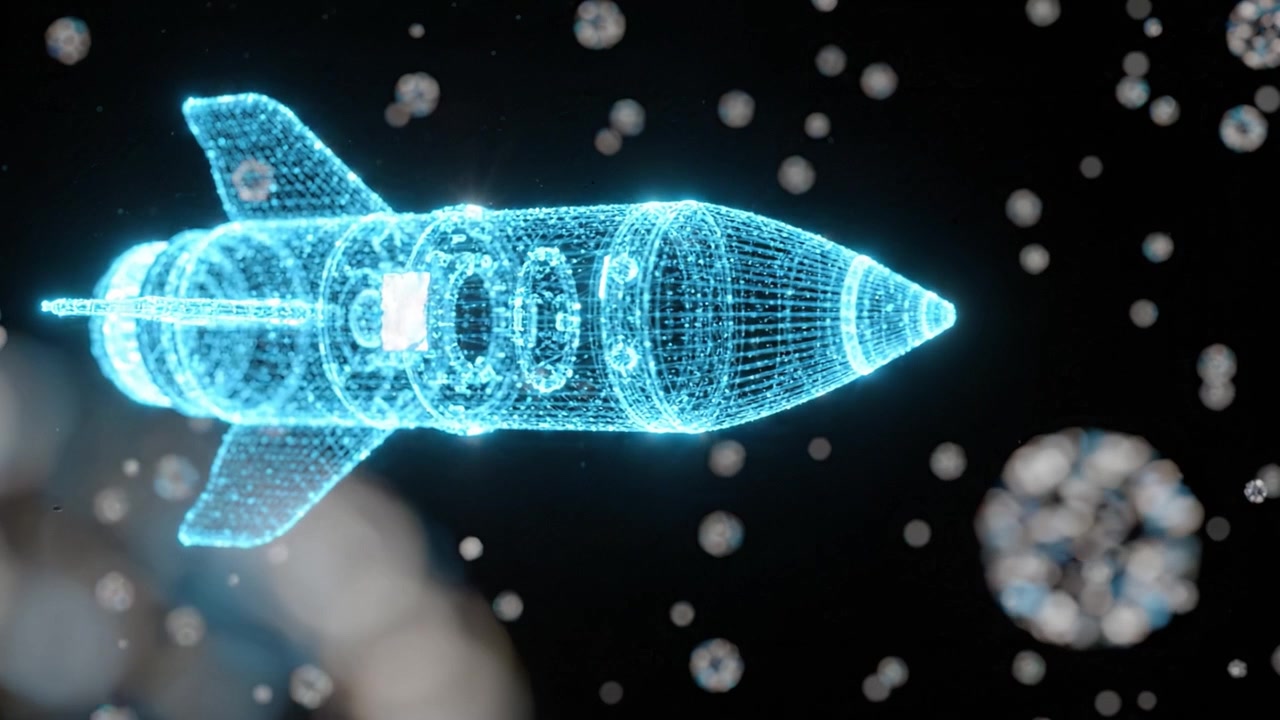 A futuristic holographic rocket navigating through a cosmic space filled with shimmering stars and ethereal particles, showcasing advanced technology in motion.
