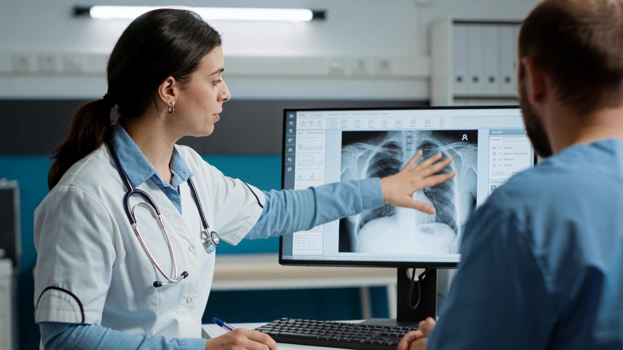 Señalando una radiografía de tórax en el monitor, médico con bata resumiendo los próximos pasos en la clínica.