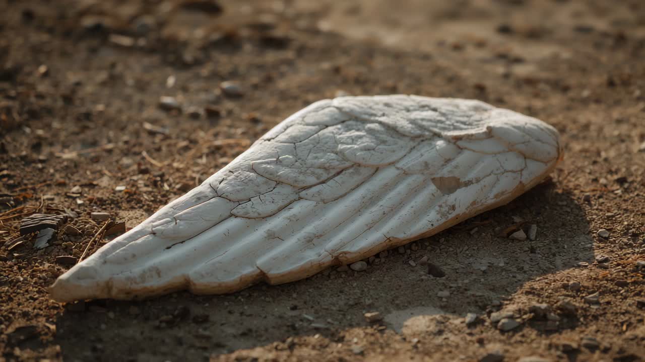 Shifting camera capturing white wing-shaped sculpture resting on dry soil, showing carved cracks