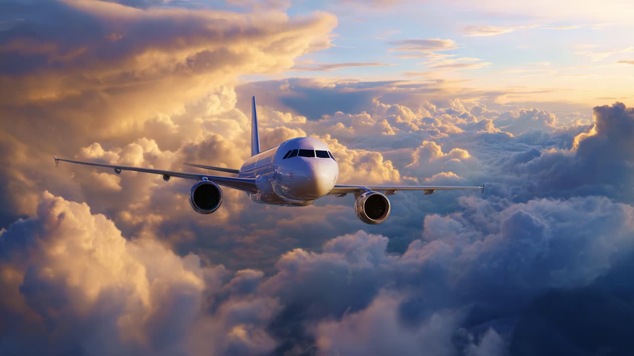 Um avião majestoso voando por entre nuvens deslumbrantes durante o pôr do sol, mostrando a beleza do voo e a vastidão do céu em uma jornada de tirar o fôlego