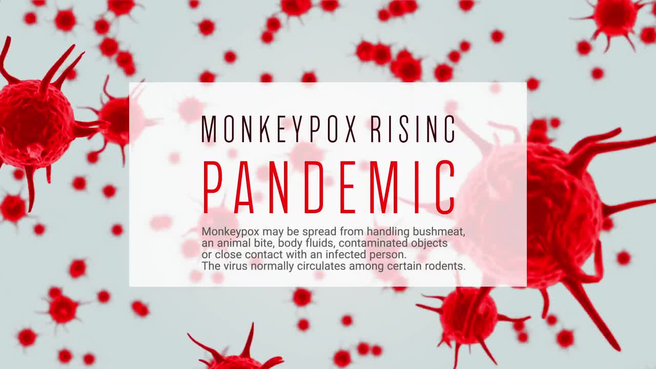 백색 바탕에 있는 원이 천연두 문자와 바이러스 세포의 애니메이션