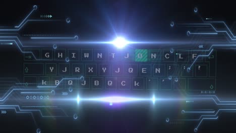 animation of lens flare, abstract pattern moving over keyboard and circuit board texture